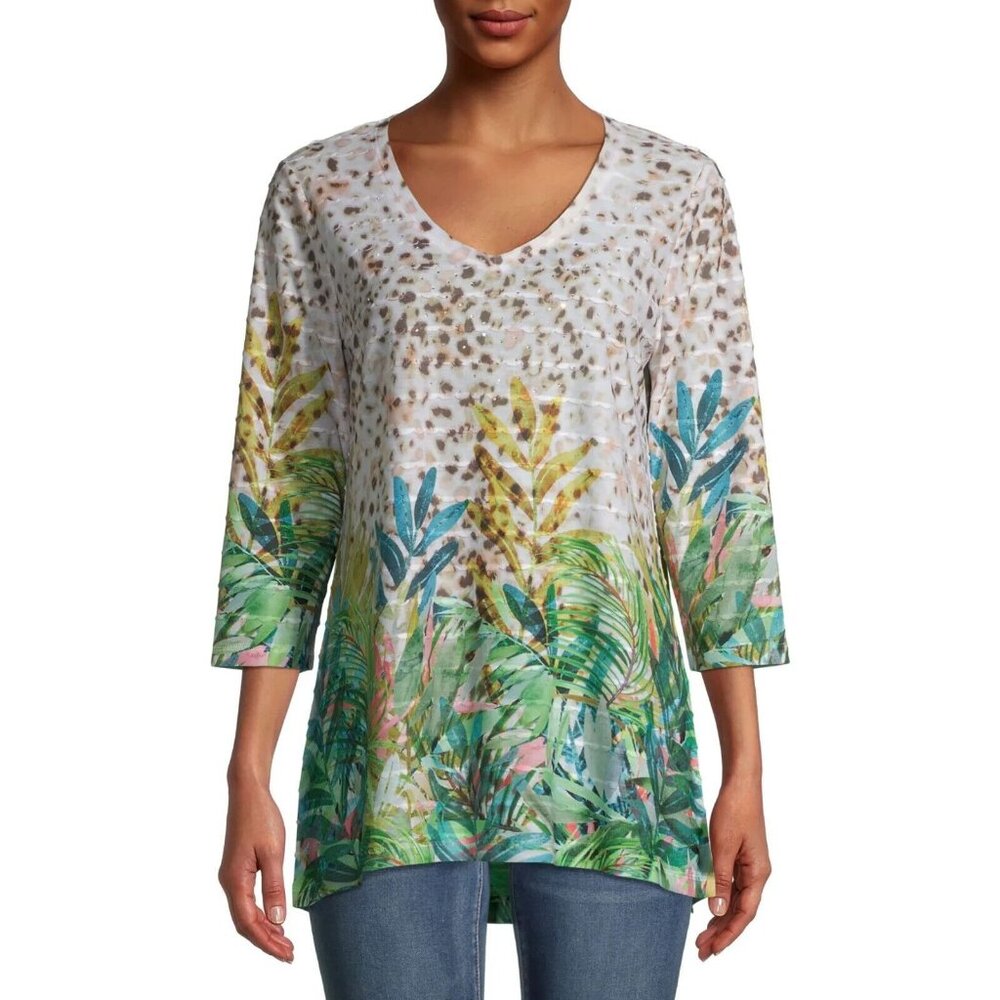 Womens 3/4 Sleeve Tropical‎ Tunic Relaxed Fit T-Shirt Size XL V-Neck Rhinestone